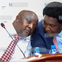 The Chairperson County Public Investment Committee (CPIC) Sen Godfrey Osotsi share a word with senator Olekina Ledama