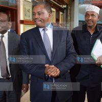 Justin Muturi [C] and Leader of Majority in the National Assembly Aden Duale [2nd R] at Parliament Buildings