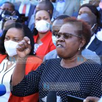 Kandara MP Alice Wahome together with Members of Parliament and Senators allied to Deputy President William Ruto address the media