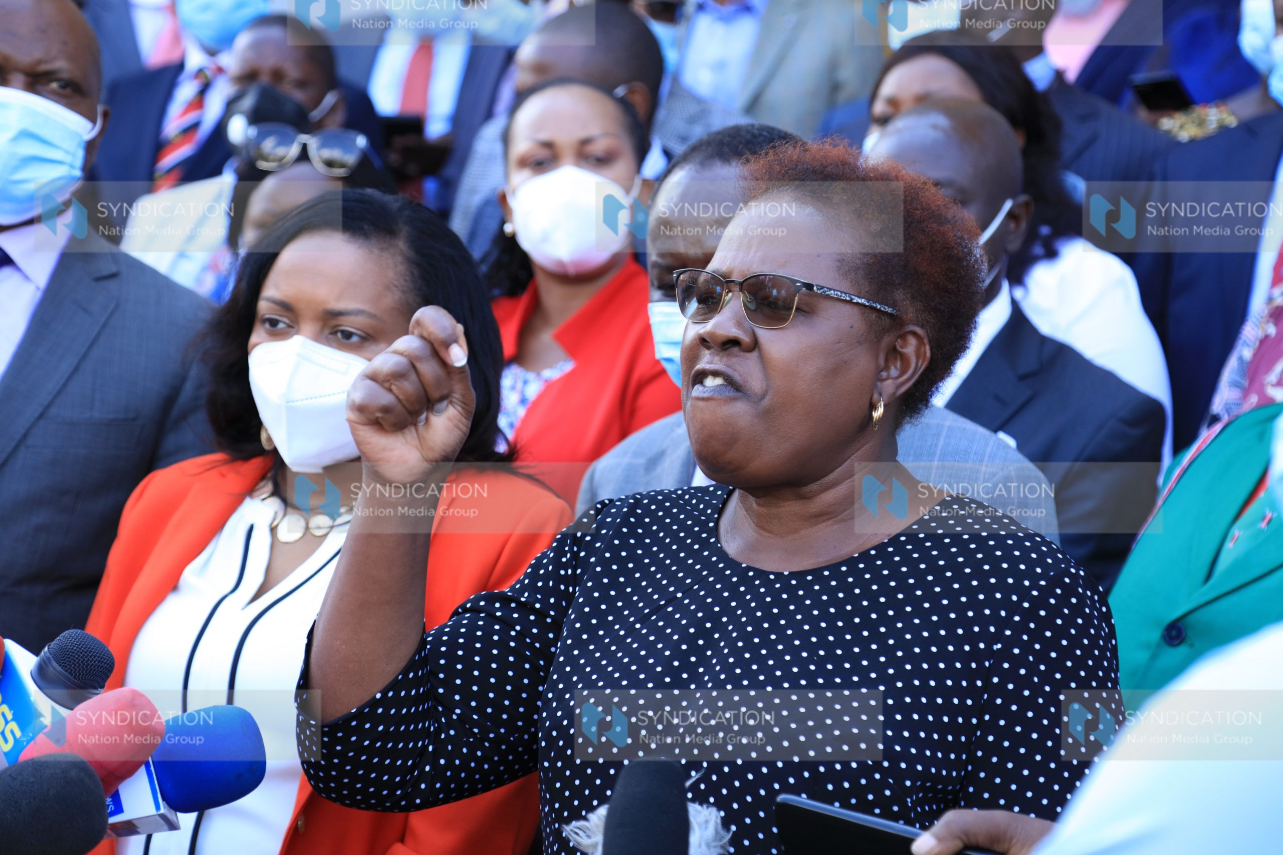 Kandara MP Alice Wahome together with Members of Parliament and Senators allied to Deputy President William Ruto address the media