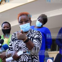 Kandara MP Alice Wahome [C], flanked by other Inua Mama and Jenga Jamii women political caucus MPs, addresses the media