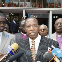 Justice Minister Mutula Kilonzo (centre) flanked with the NCCK Secretary General Peter Karanja (left) and ACK Bishop Gideon Githiga