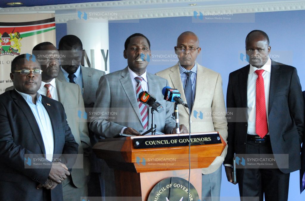 Chairman of the Council of Governors Peter Munya addresses the media