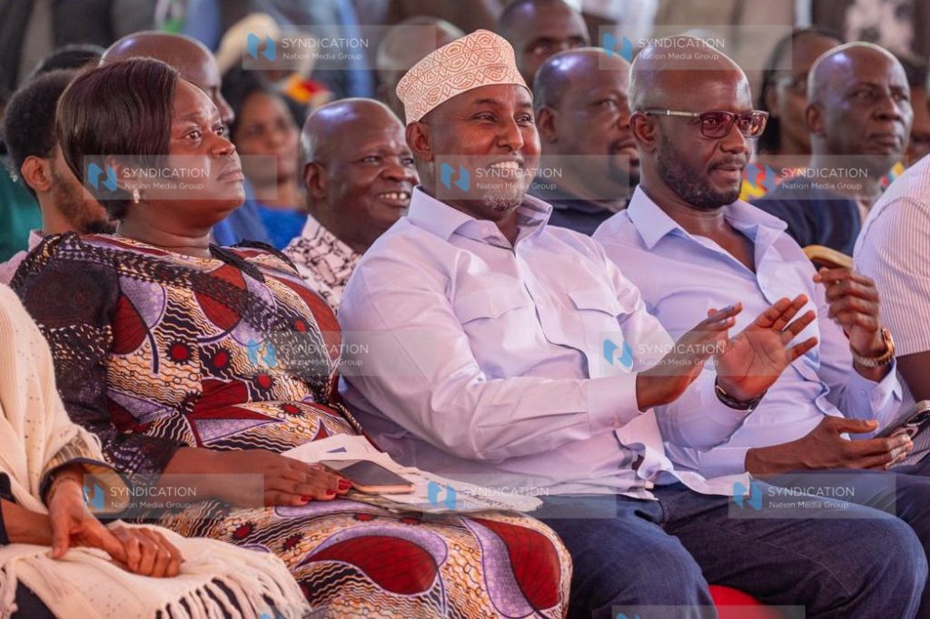 Homa Bay Governor and Chairperson of the Orange Democratic Movement Gladys Wanga, Junet Mohamed, and Samuel Atandi
