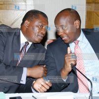 Speaker of the National Assembly Justin Muturi confers with Kenya Editors Guild chairman Linus Kaikai