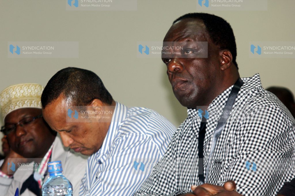 Kakamega Governor Wycliffe Oparanya together with his counterpart from Garissa Adan Nadhif follow the proceedings of the land issues meeting