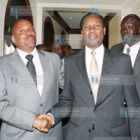 The Minister for Trade Henry Kosgey (right) with Member of Parliament Dan Mwazo after a press conference