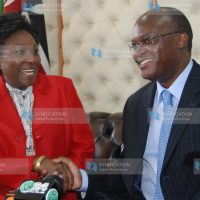 Former health Minister Beth Mugo and new Health Cabinet Secretary James Macharia