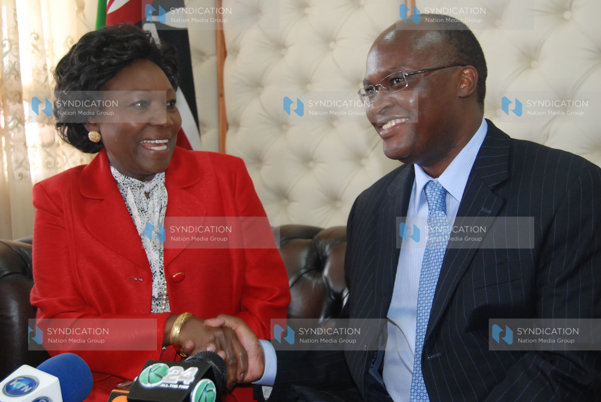 Former health Minister Beth Mugo and new Health Cabinet Secretary James Macharia