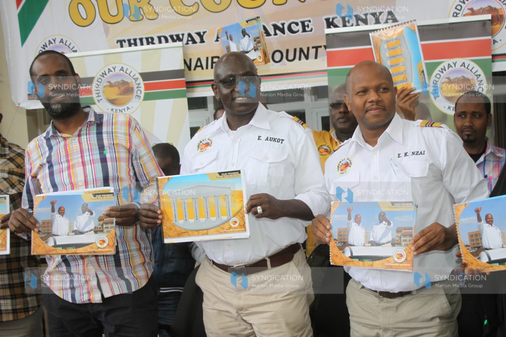 Third Way Alliance presidential candidate Ekuru Aukot with his deputy Emmanuel Nzai and Salah Abdi Sheikh