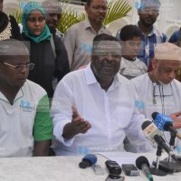 Amani National Congress (ANC) leader Musalia Mudavadi, flanked by Deputy Party Leader Kassim Tandaza and Lamu Nominated MCA Salim Mohamed