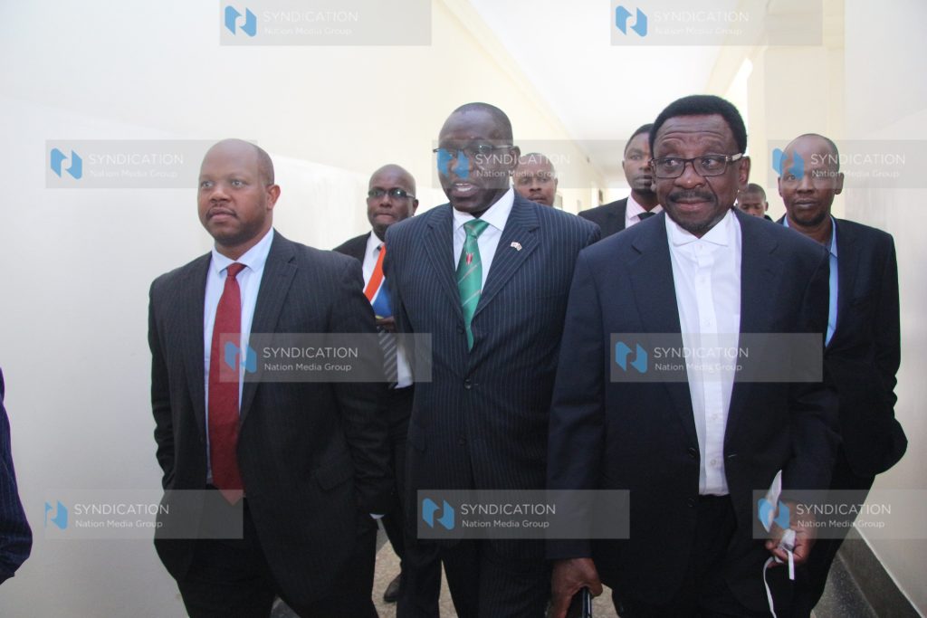 Third Way Alliance presidential candidate Ekuru Aukot, his running mate Emmanuel Kombe, and lawyer James Orengo