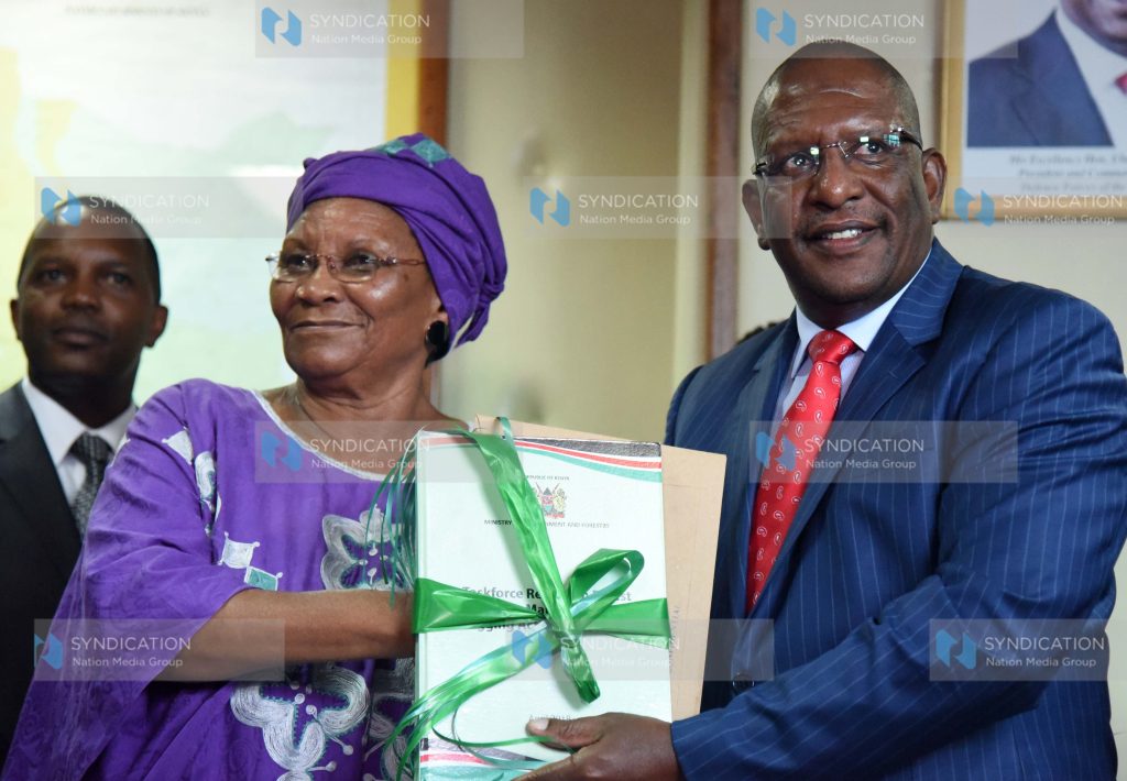 Environment Cabinet Secretary Keriako Tobiko with Chair of the Task Force on Environment Management Marion Wakanyi Kamau