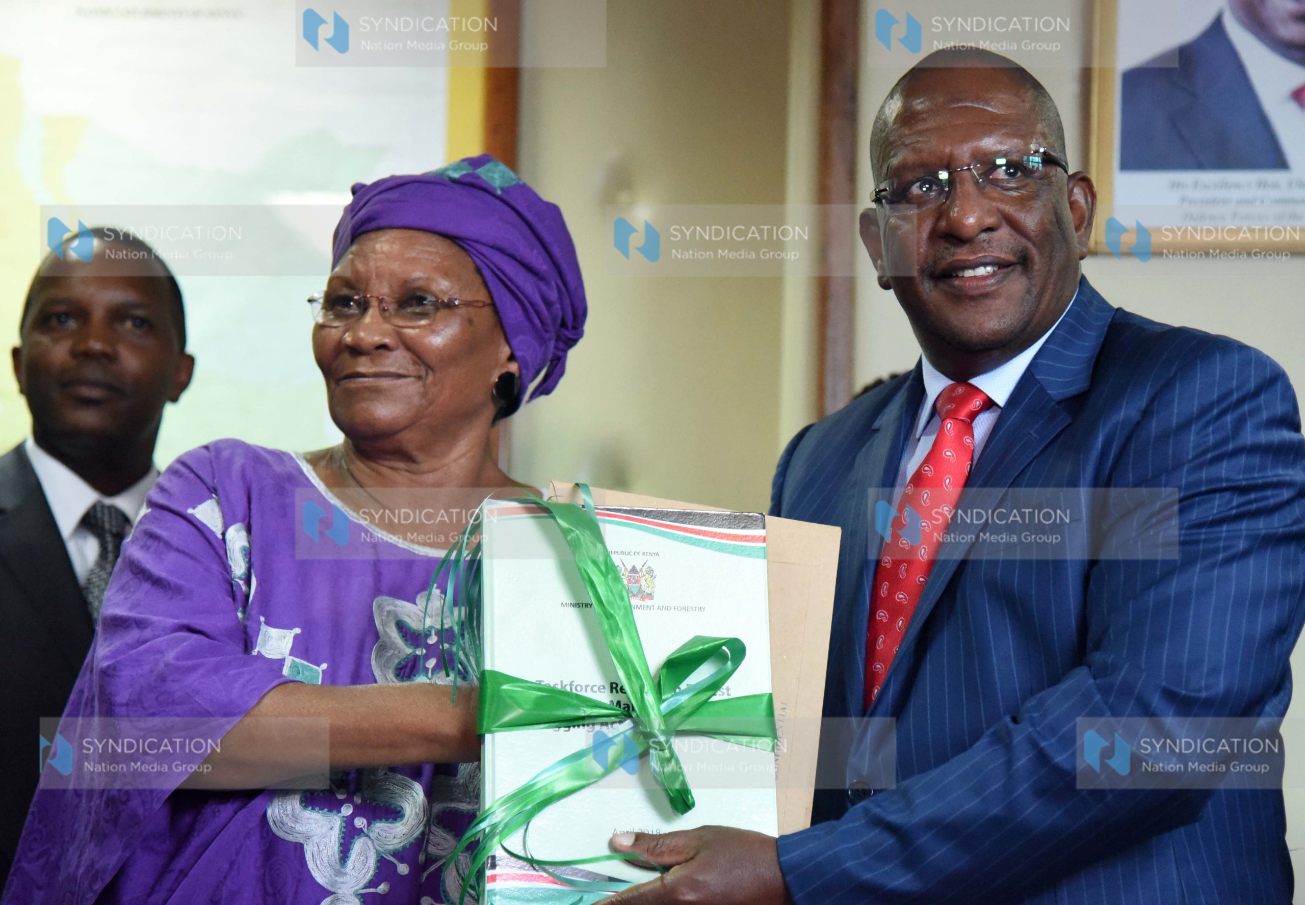 Environment Cabinet Secretary Keriako Tobiko with Chair of the Task Force on Environment Management Marion Wakanyi Kamau