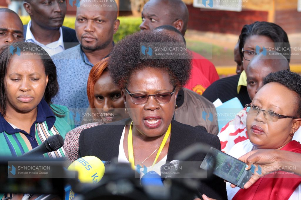 Kandara MP Alice Wahome (centre) with other Jubilee Party legislators addresses the media