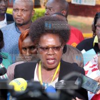 Kandara MP Alice Wahome (centre) with other Jubilee Party legislators addresses the media