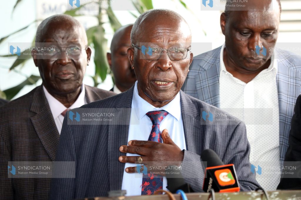 Former Kisii County Senator Sam Ongeri address journalists at Chester House