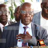 Former Kisii County Senator Sam Ongeri address journalists at Chester House