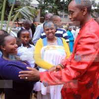 Kiambu Senator Kimani Wamatangi greets congregants of St Peter’s Uthiru