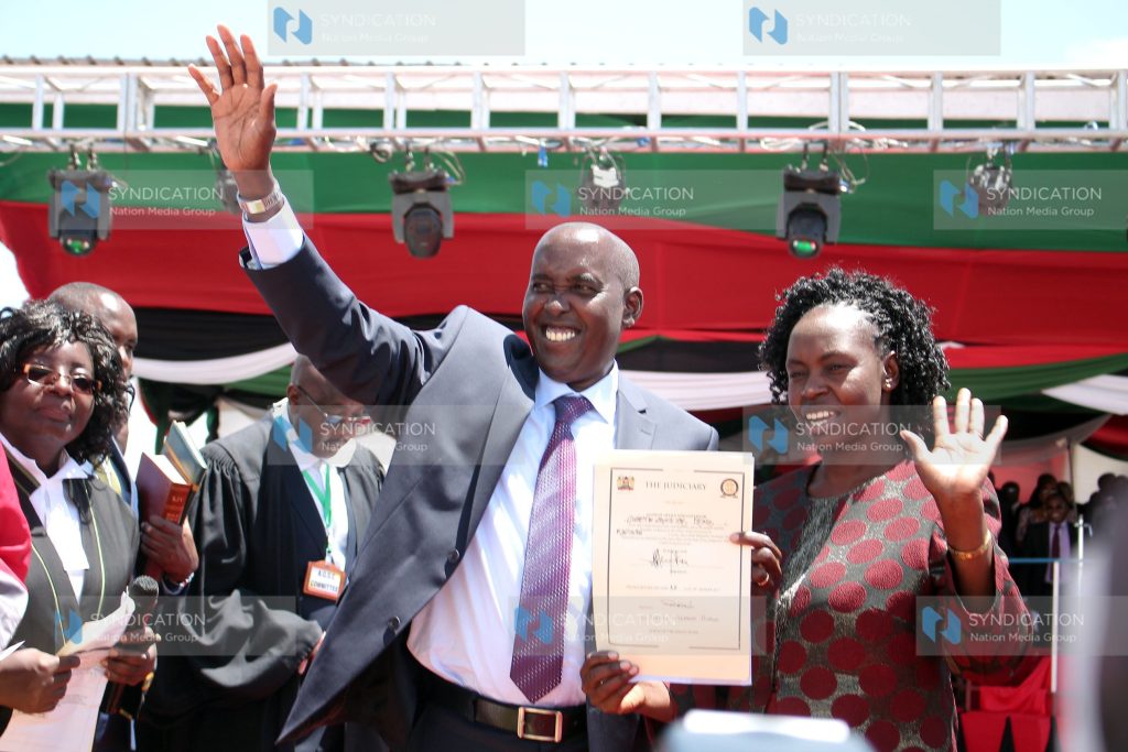 Kajiado County Governor Joseph Ole Lenku with his wife Edna after taking the oath of office