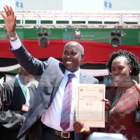 Kajiado County Governor Joseph Ole Lenku with his wife Edna after taking the oath of office