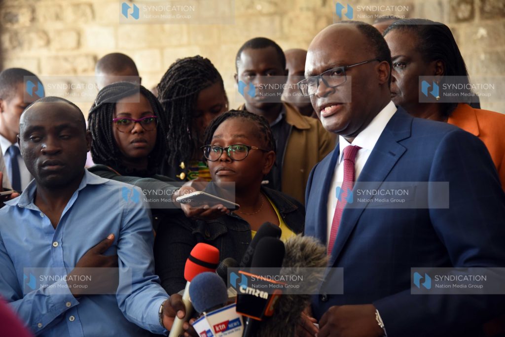 Transport Cabinet Secretary James Macharia addressing journalists