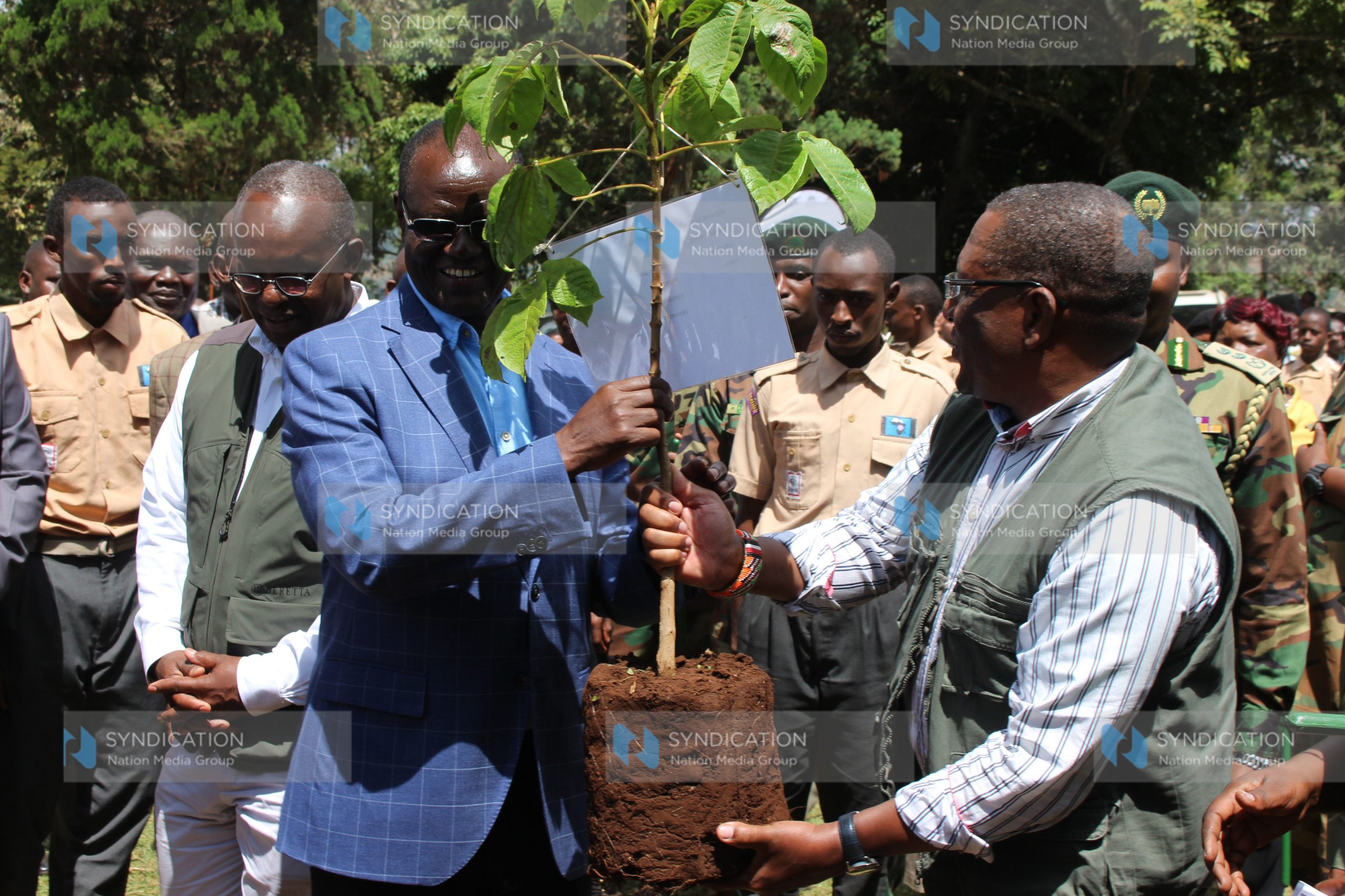 Governor Kiraitu Murungi (left) and Environment CS Keriako Tobiko during a National Schools tree planting campaign