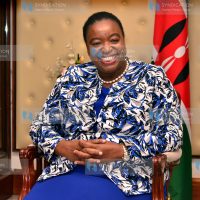 Cabinet Secretary Monica Juma gestures during the interview