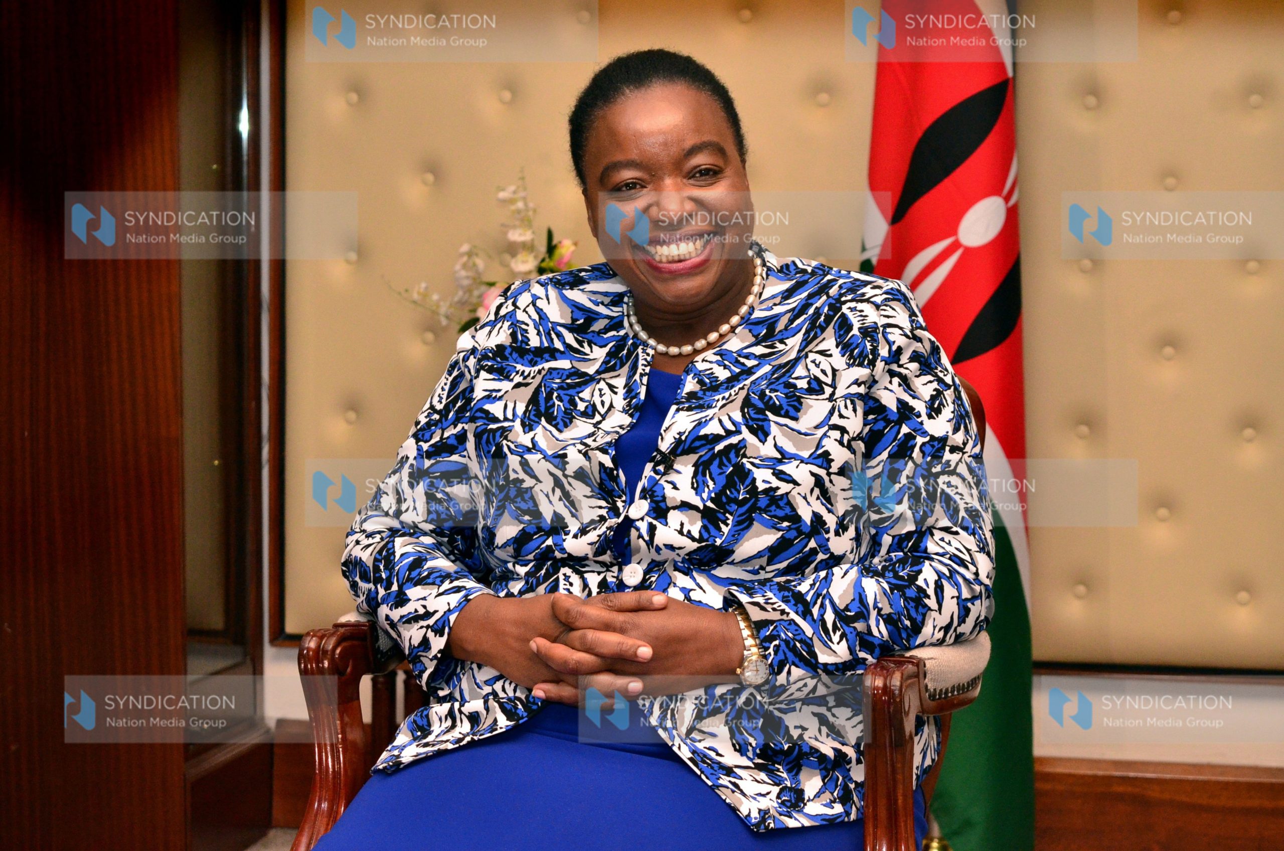 Cabinet Secretary Monica Juma gestures during the interview