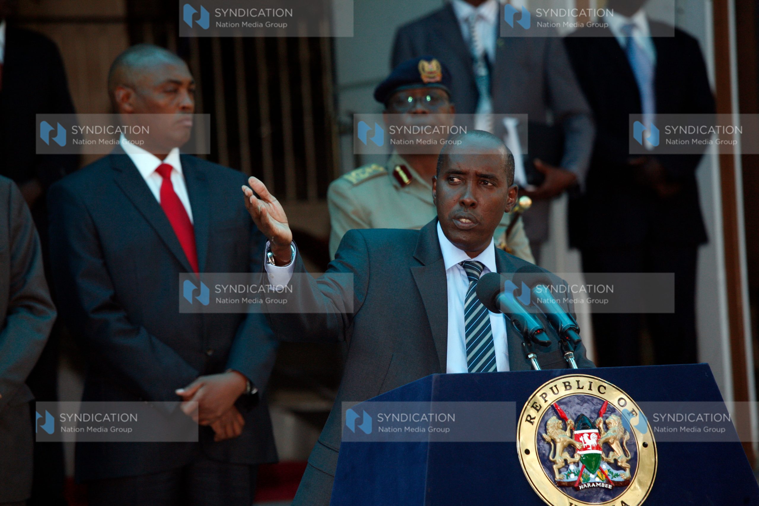 Interior Cabinet Secretary Joseph Ole Lenku address journalists
