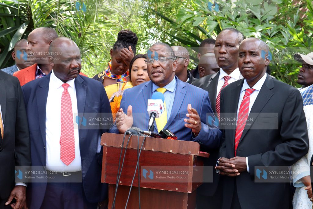 Environment Cabinet Secretary Keriako Tobiko, Narok county governor Samuel Tunai (left) and his Kajiado Joseph Ole Lenku addressing the media