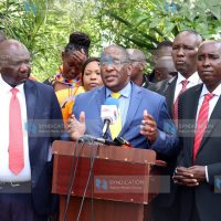 Environment Cabinet Secretary Keriako Tobiko, Narok county governor Samuel Tunai (left) and his Kajiado Joseph Ole Lenku addressing the media