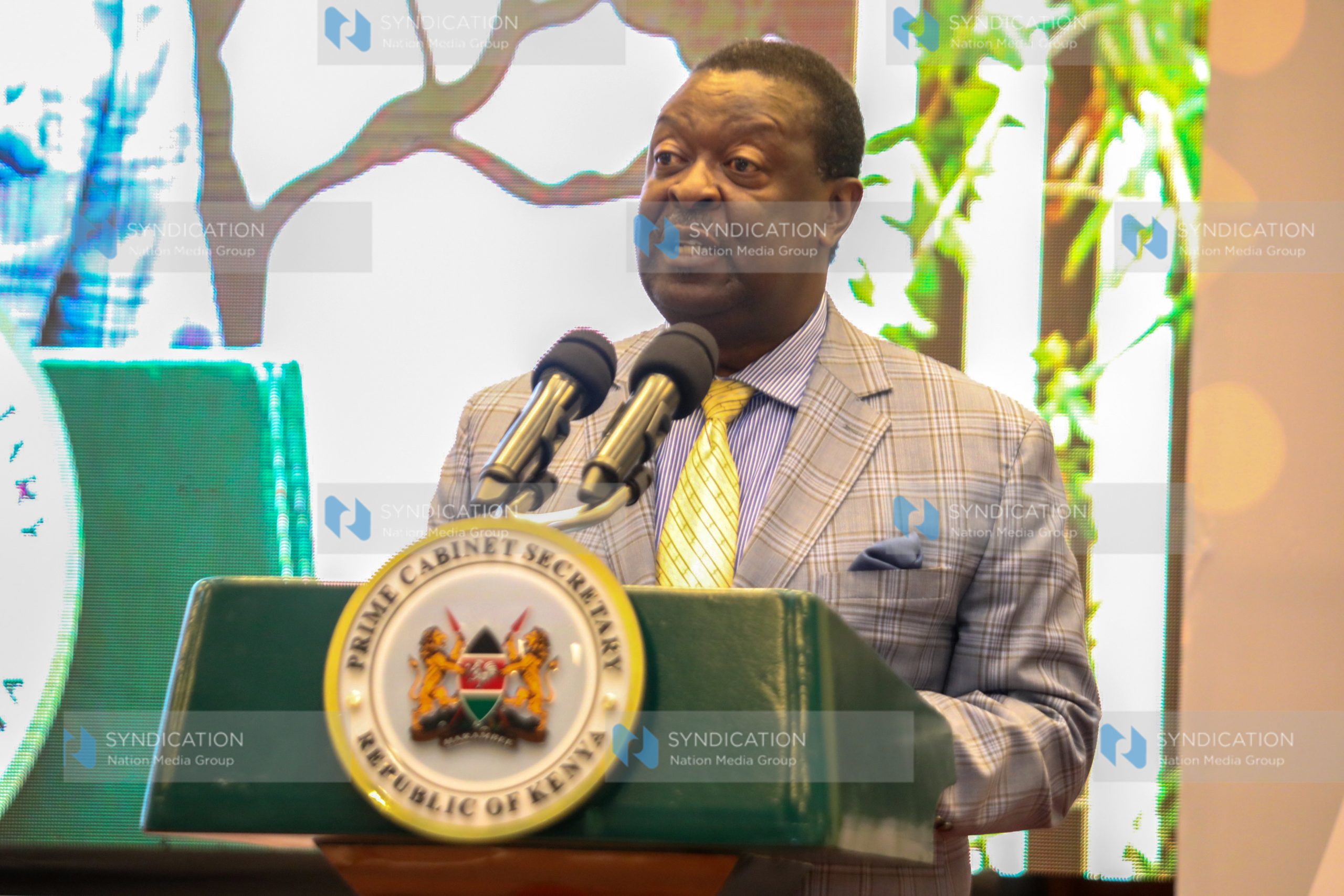 Prime Cabinet Secretary Musalia Mudavadi speaking at the College of Insurance