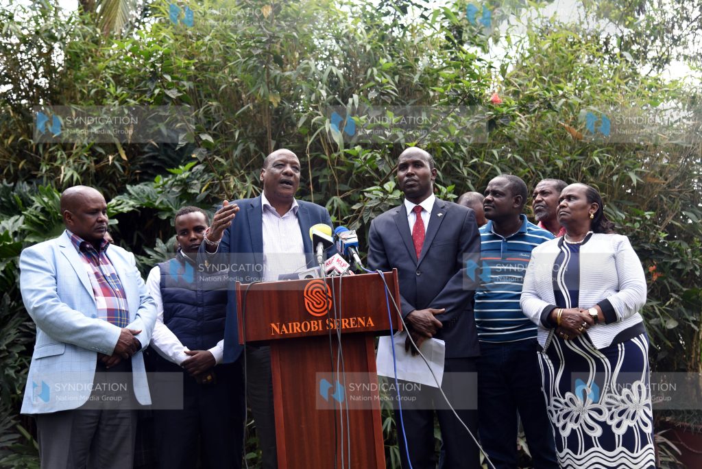 Samburu North MP Alois Lentoimaga led other leaders from Samburu County in addressing journalists