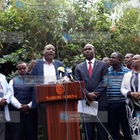 Samburu North MP Alois Lentoimaga led other leaders from Samburu County in addressing journalists