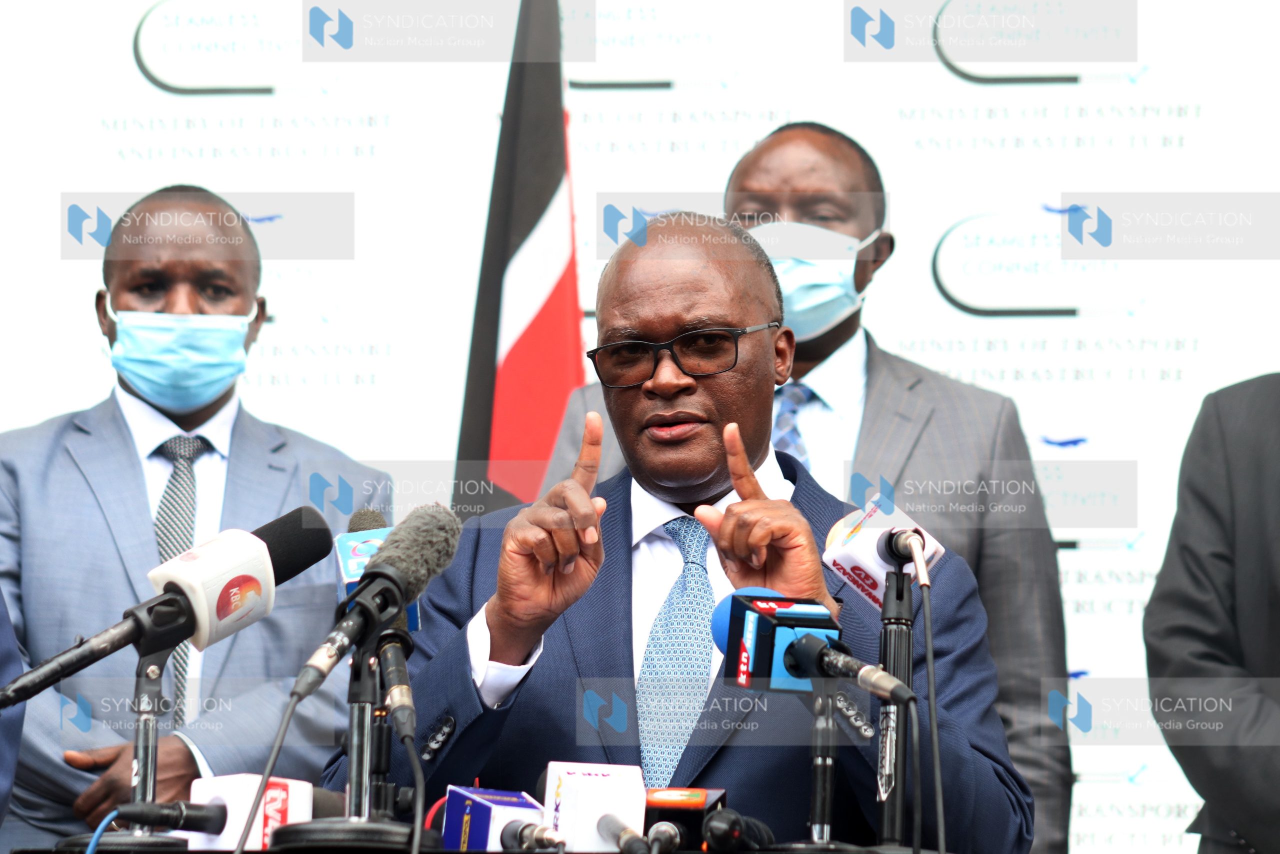 Transport Cabinet Secretary James Macharia addressing the media