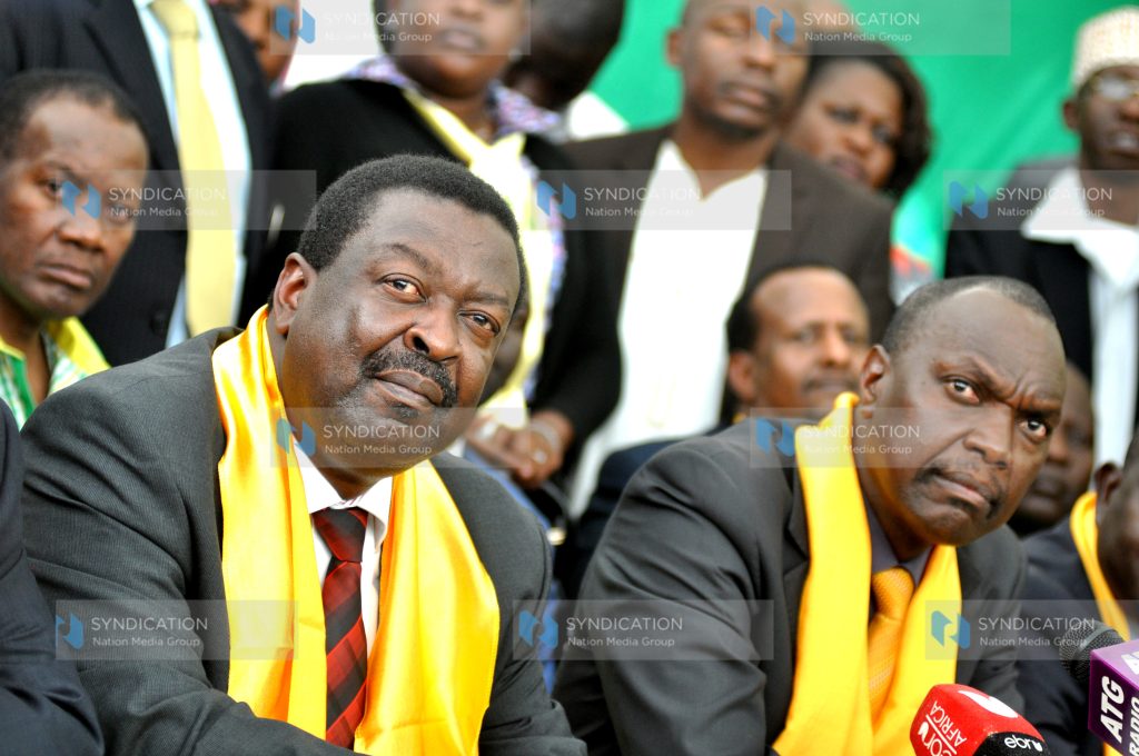UDF leader Musalia Mudavadi (left) and Deputy Party Leader Jeremiah Kioni (centre) during a press conference