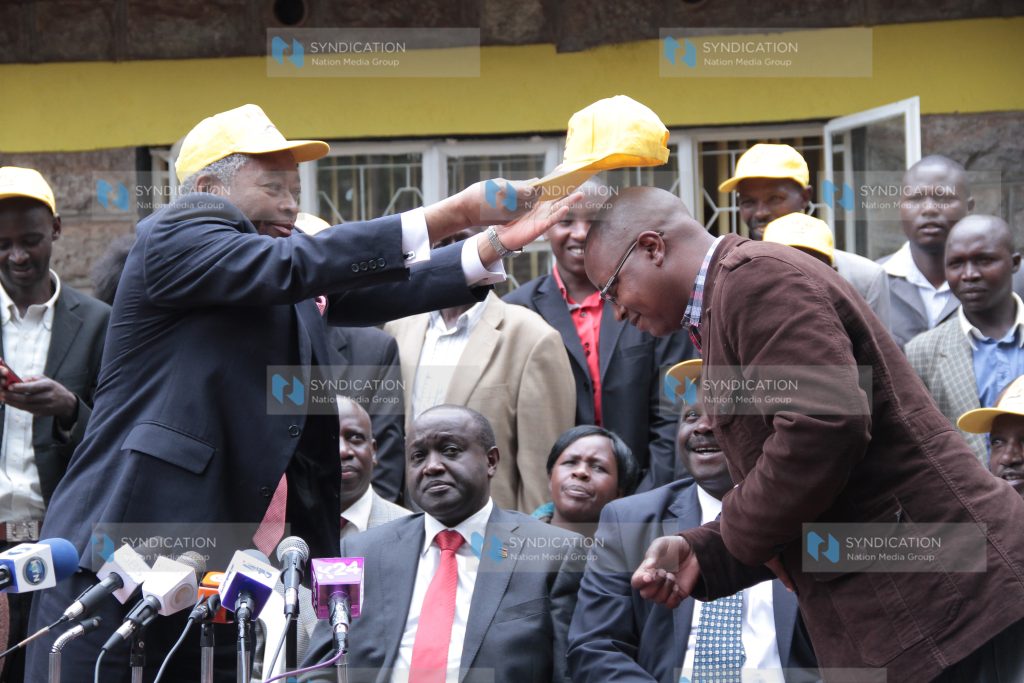 Matuga MP Chirau Ali Makwere welcomes a former KANU party member Richard Leitich to the URP party