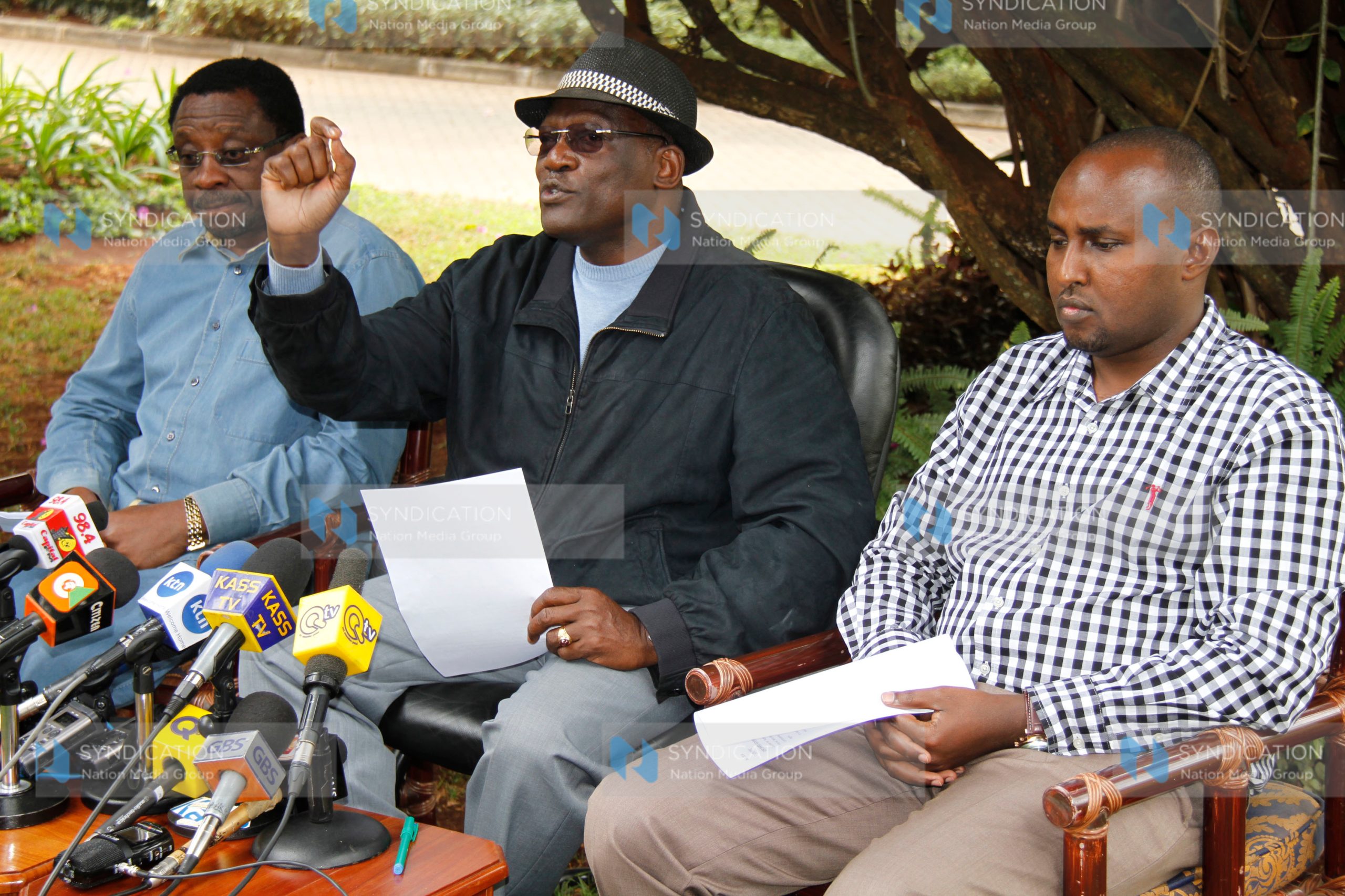 CORD leaders from left: James Orengo, Johnstone Muthama and Junet Mohamed addressed the press