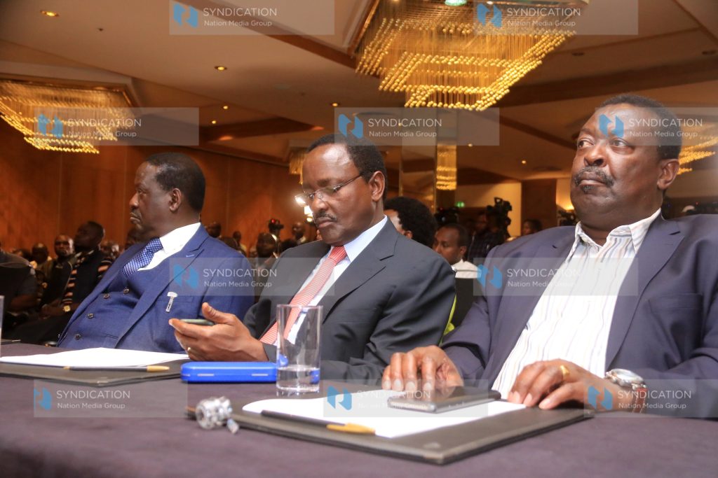 From left: Nasa leaders Raila Odinga, Kalonzo Musyoka and Musalia Mudavadi following proceedings
