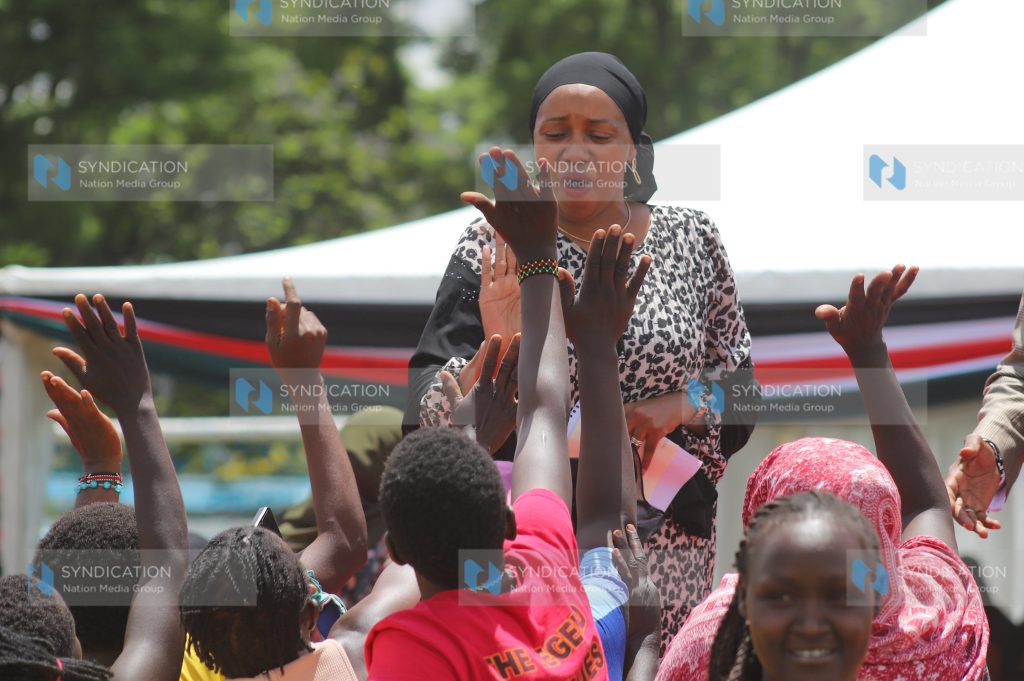 Nakuru Governor Susan Kihika acknowledges greetings from Muslim women