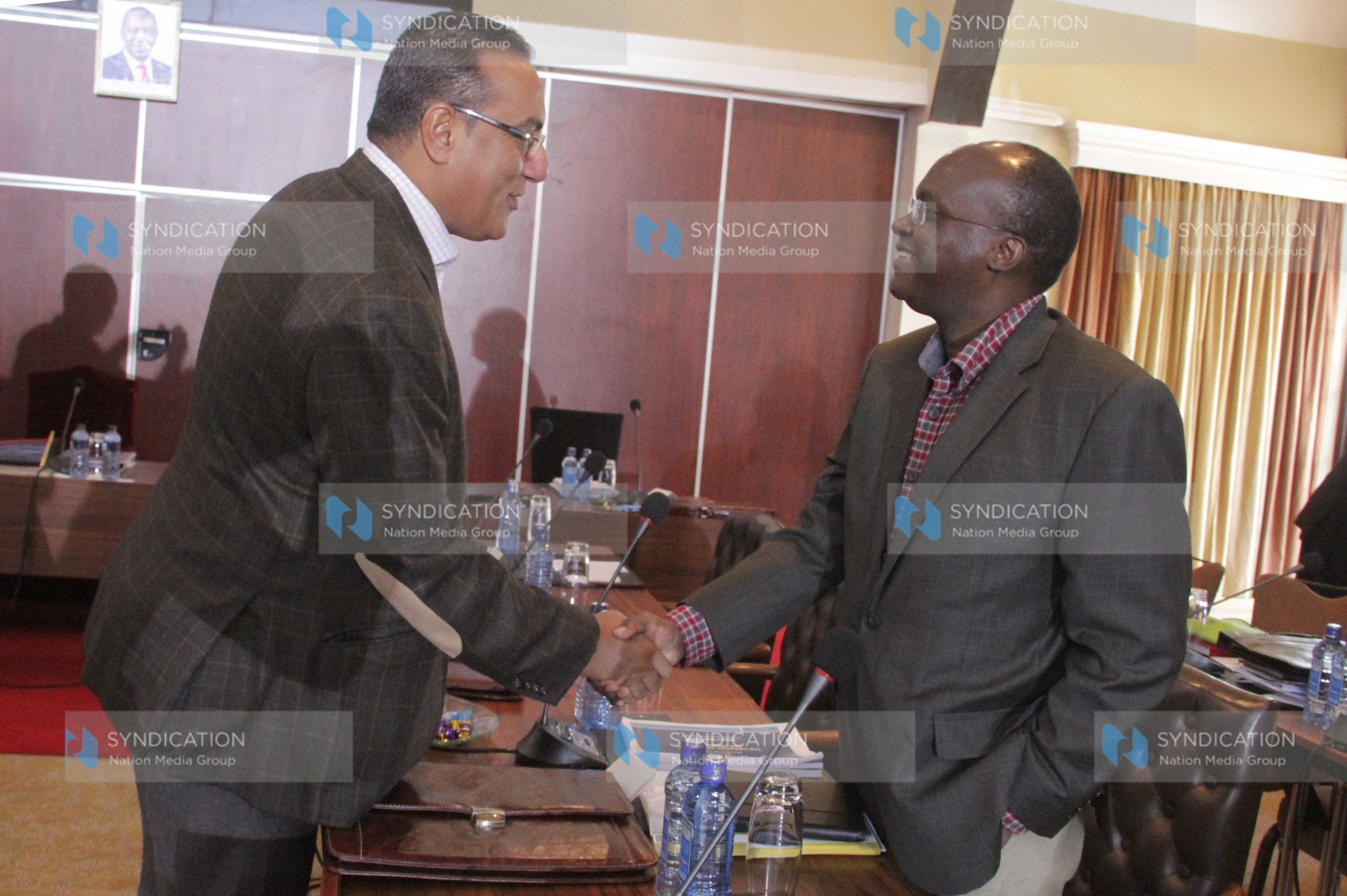 Najib Balala, left, greets his health counterpart James Macharia