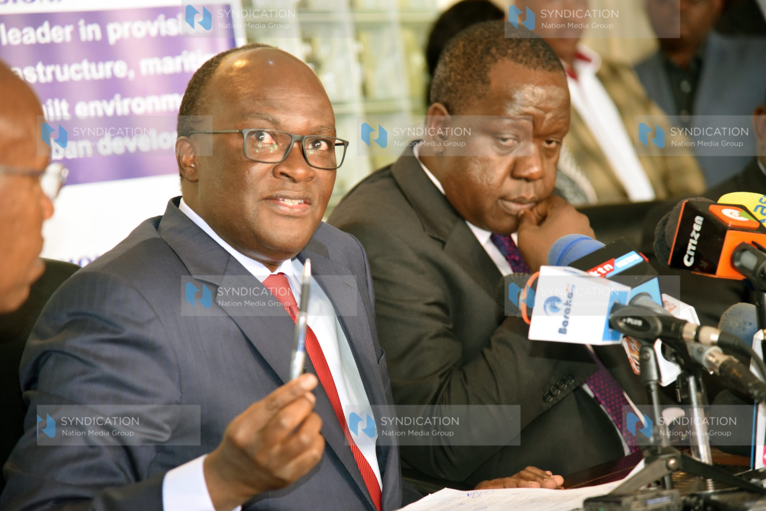 Acting Interior Cabinet Secretary Fred Matiang’i with Transport and infrastructure Cabinet Secretary James Macharia