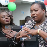 The cabinet secretary for defence Raychelle Omamo flanked by the principal secretary Monica Juma