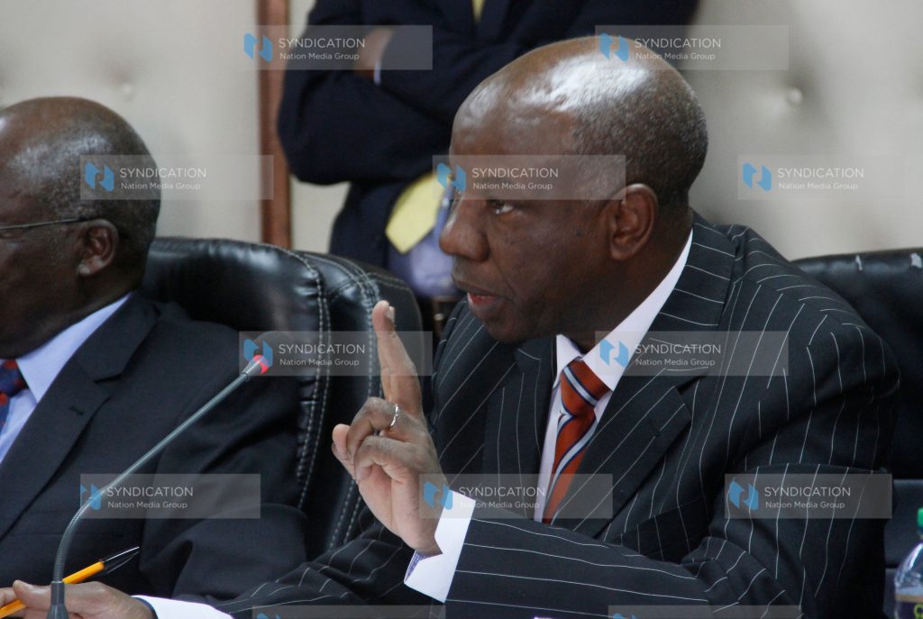 Fred Ngatia, Judge Philip Tunoi’s lawyer, during the cross-examination of a witness