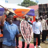Businessman Jimi Wanjigi in a jig with Kagan Kochia traditional dancers
