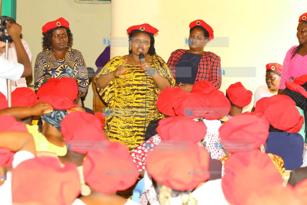 Nominated senator Millicent Omanga addressing the Jubilee women brigade