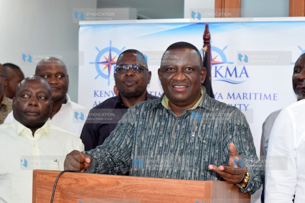 Mining and Blue Economy and Maritime Affairs Cabinet Secretary Salim Mvurya, (C) addresses the Press