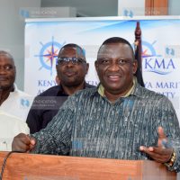 Mining and Blue Economy and Maritime Affairs Cabinet Secretary Salim Mvurya, (C) addresses the Press