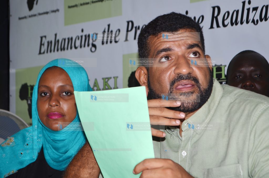 Haki Africa Executive Gender Officer Salma Hemed (left) and Mvita MP Abdulswamad Nassir (centre) address the press